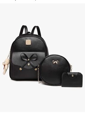 Black Women's 3-Piece Backpack Set with Bow Accent